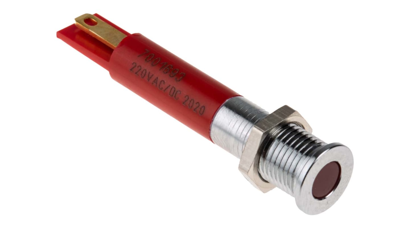 RS PRO Red Panel Mount Indicator, 220V ac, 8mm Mounting Hole Size, Solder Tab Termination, IP67