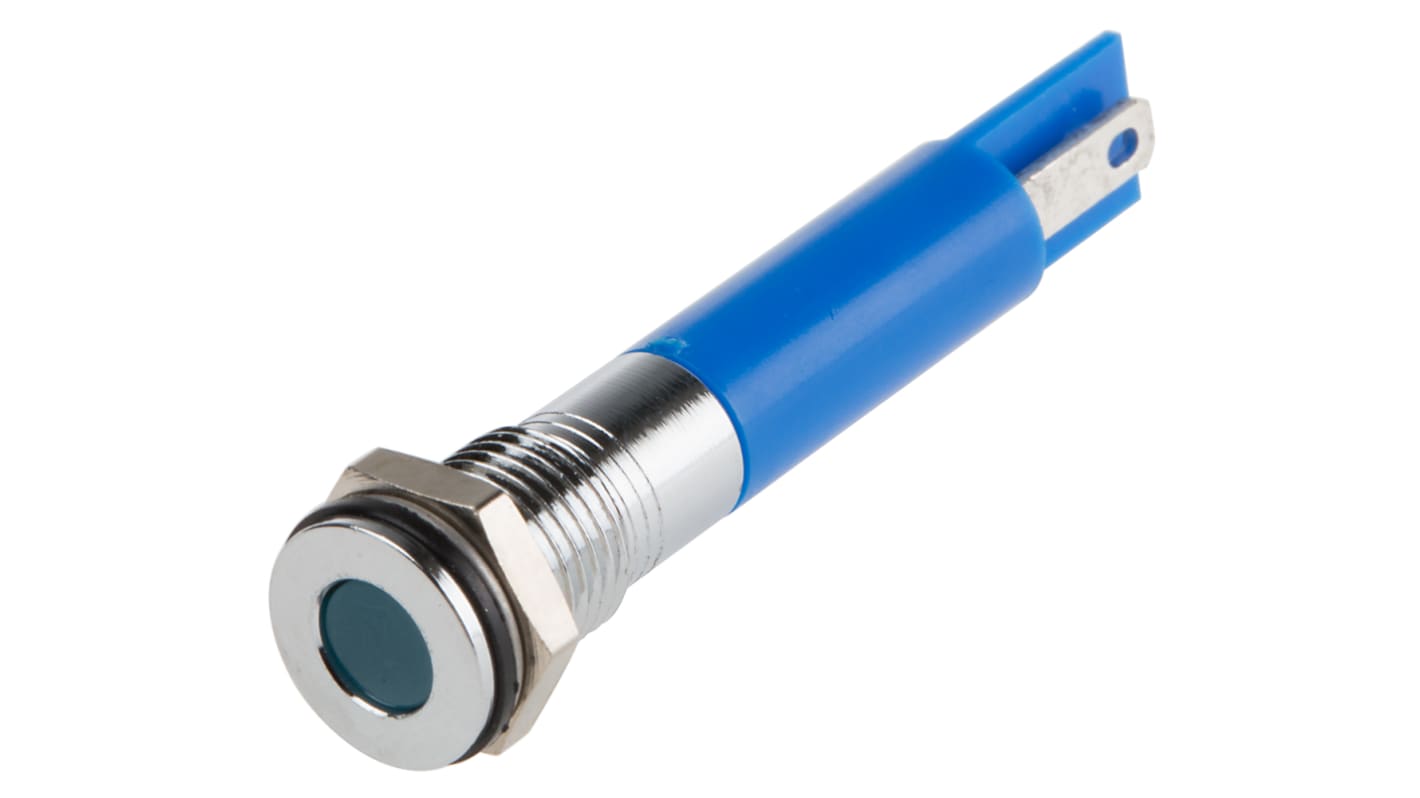 RS PRO Blue Panel Mount Indicator, 220V ac, 8mm Mounting Hole Size, Solder Tab Termination, IP67