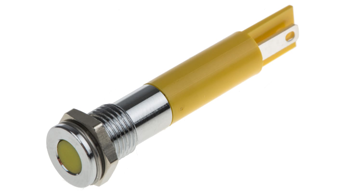 RS PRO Yellow Panel Mount Indicator, 220V ac, 8mm Mounting Hole Size, Solder Tab Termination, IP67