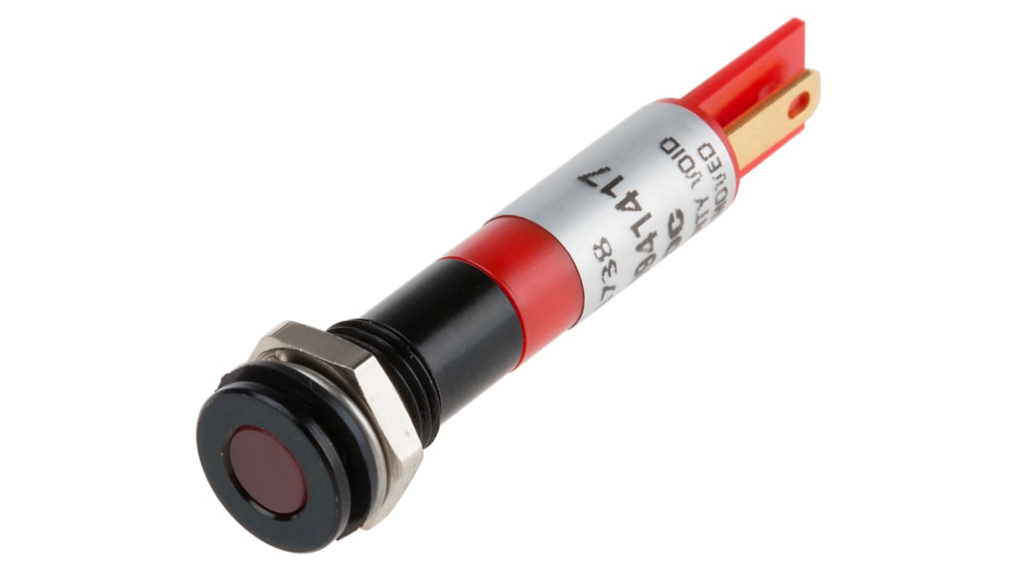 RS PRO Red Panel Mount Indicator, 12V dc, 8mm Mounting Hole Size, Solder Tab Termination, IP67