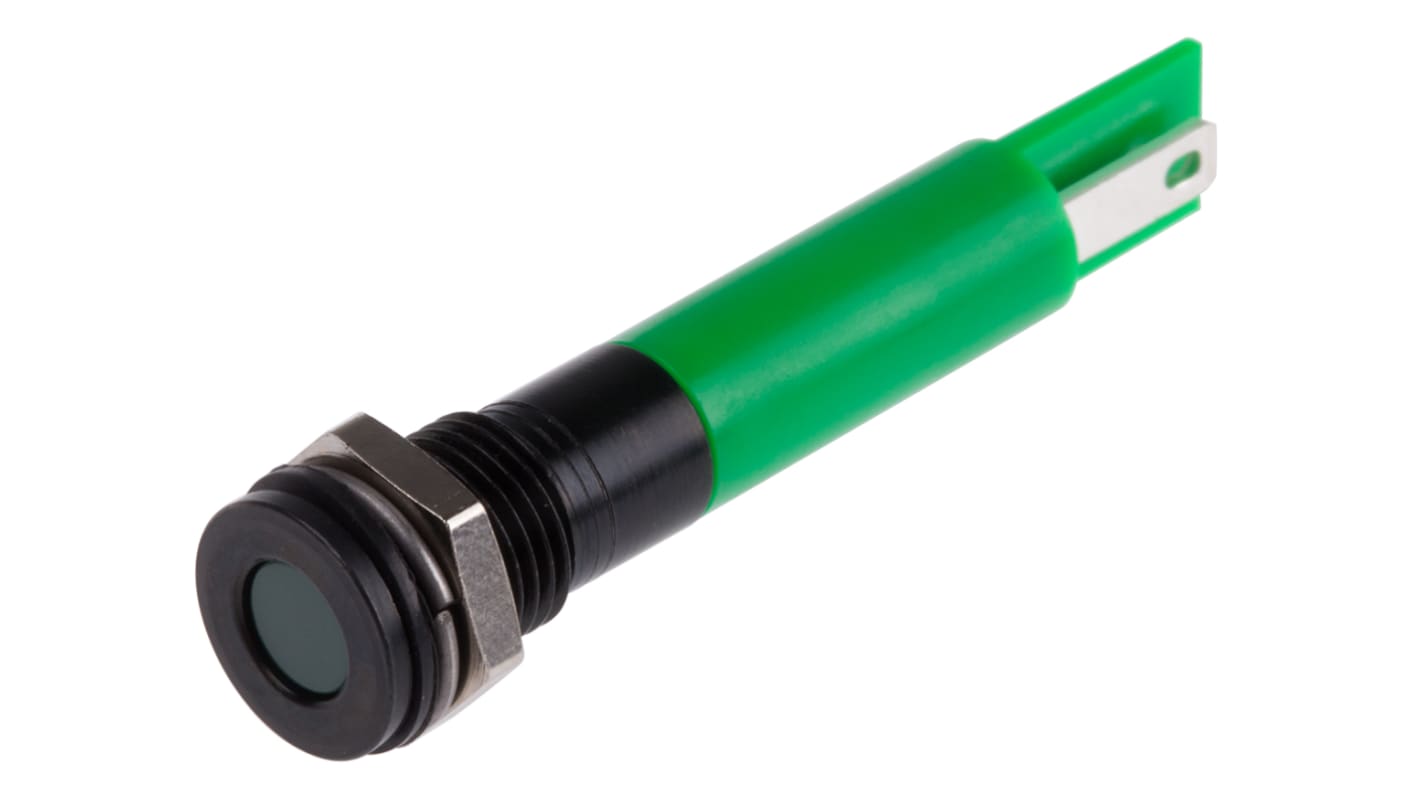 RS PRO Green Panel Mount Indicator, 24V dc, 8mm Mounting Hole Size, Solder Tab Termination, IP67