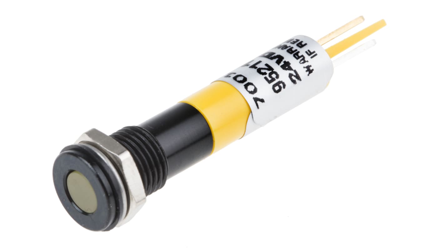 RS PRO Yellow Panel Mount Indicator, 24V dc, 8mm Mounting Hole Size, Solder Tab Termination, IP67