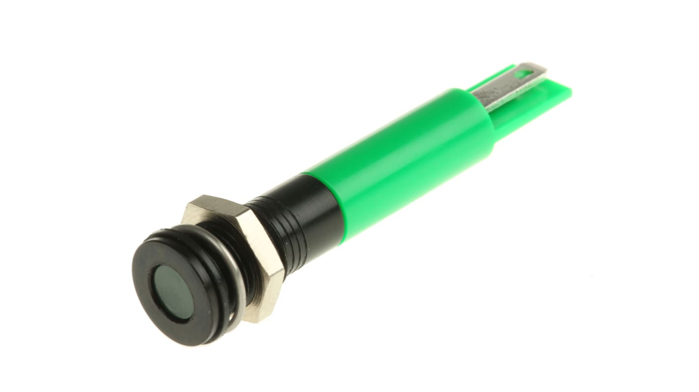 Indikátor pro montáž do panelu 8mm Zapuštěné barva Zelená, typ žárovky: LED Pájecí plíšek, 220V ac RS PRO