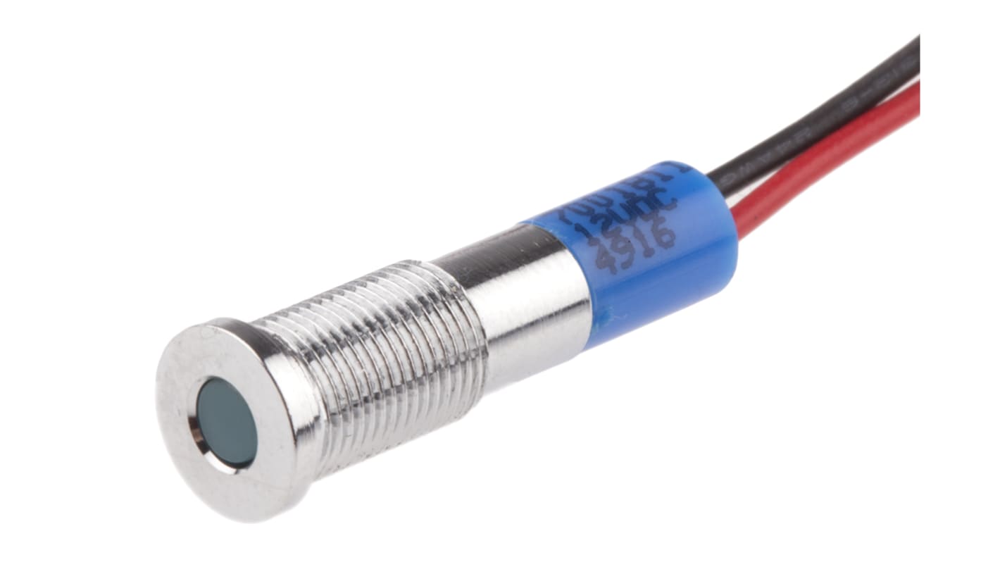 RS PRO Blue Panel Mount Indicator, 12V dc, 6mm Mounting Hole Size, Lead Wires Termination, IP67