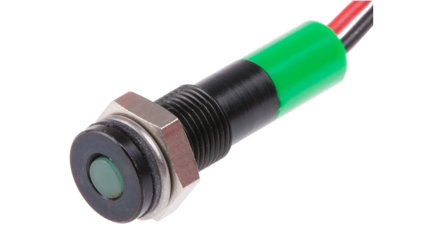 Indicador LED RS PRO, Verde, lente enrasada, Ø montaje 6mm, 12V dc, 20mA, 8mcd, IP67