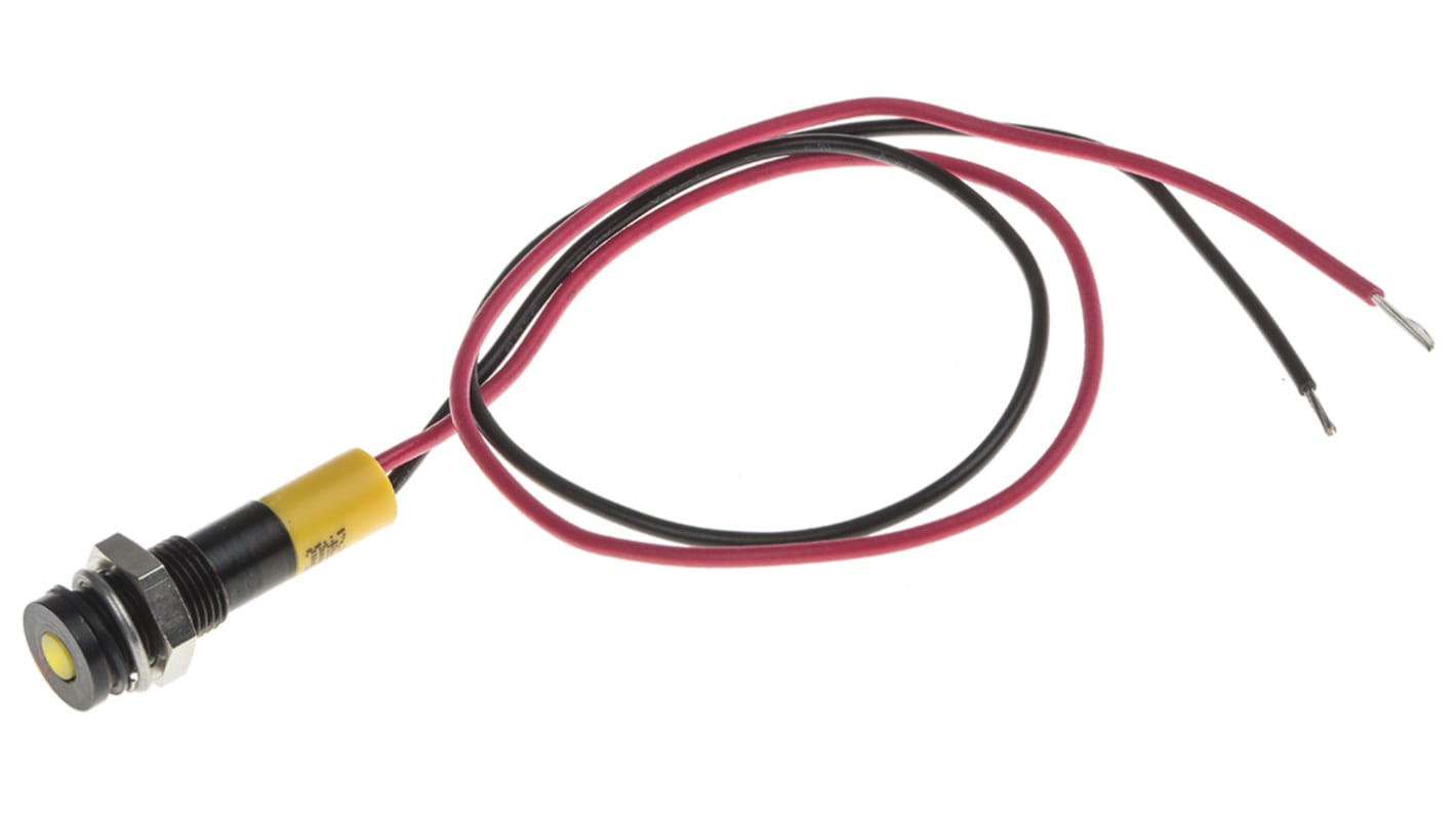 RS PRO Yellow Panel Mount Indicator, 24V dc, 6mm Mounting Hole Size, Lead Wires Termination, IP67