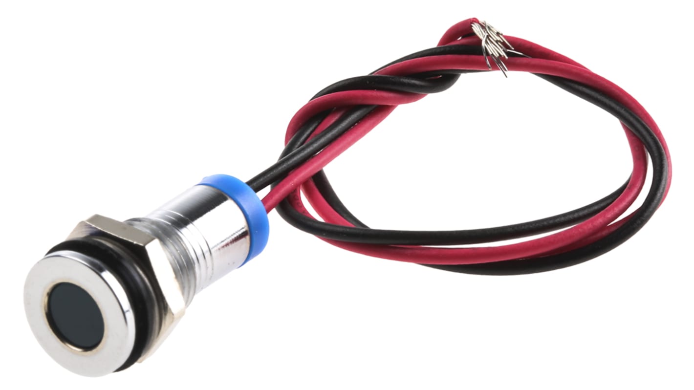 RS PRO Blue Panel Mount Indicator, 2V dc, 8mm Mounting Hole Size, Lead Wires Termination, IP67