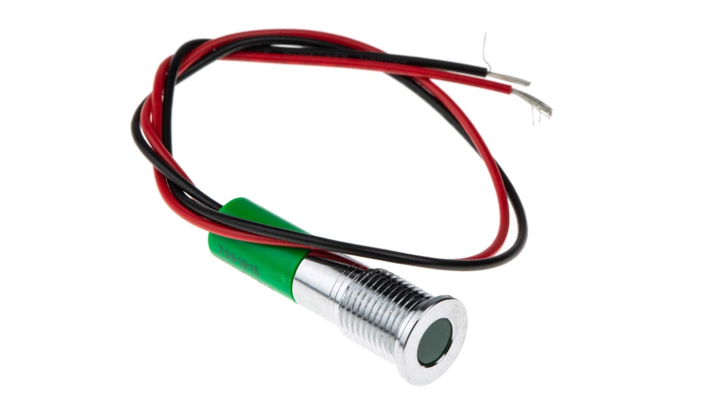 RS PRO Green Panel Mount Indicator, 12V dc, 8mm Mounting Hole Size, Lead Wires Termination, IP67