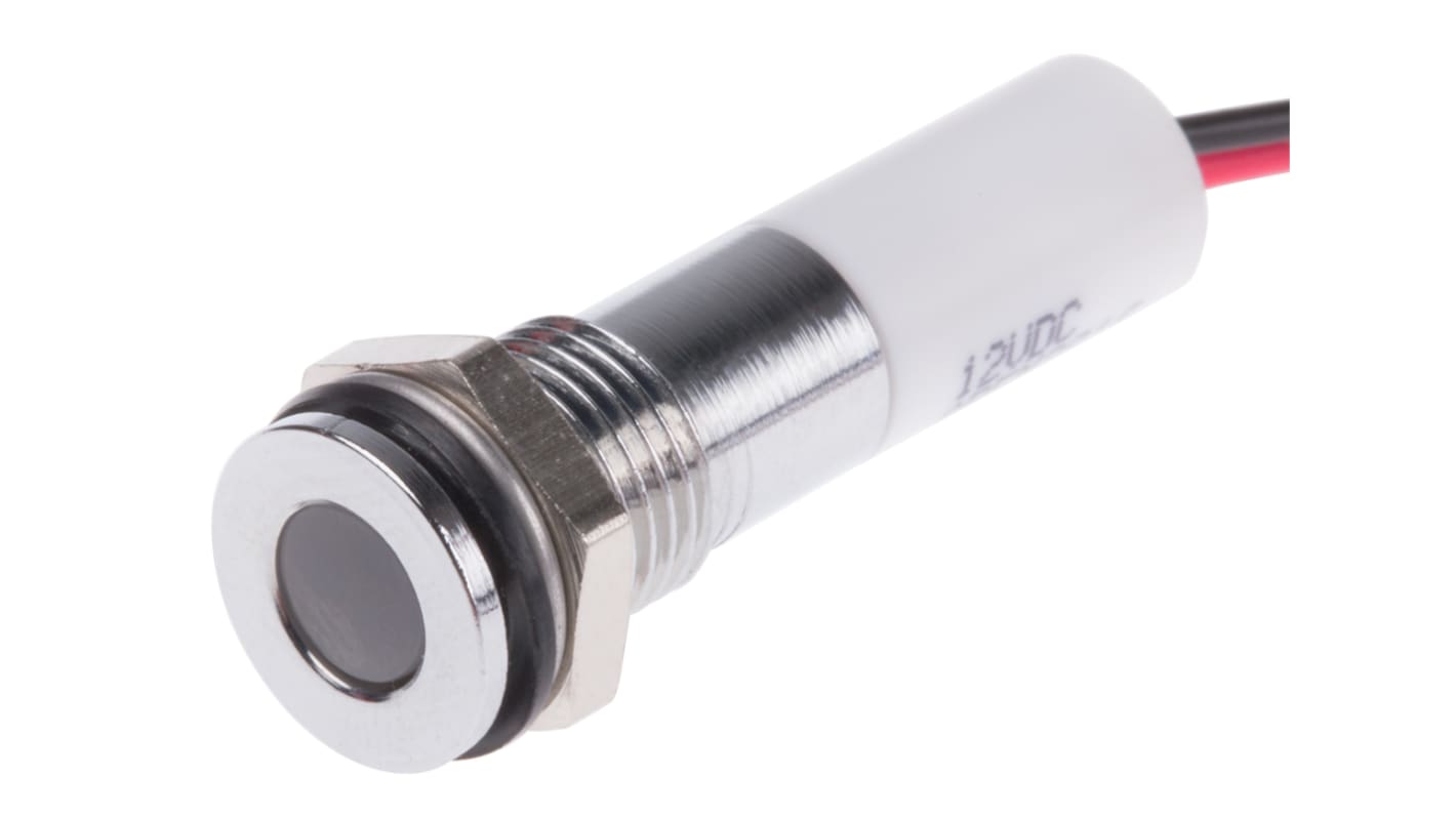 Indicador LED RS PRO, Blanco, lente enrasada, marco Cromo, Ø montaje 8mm, 12V dc, 20mA, 25mcd, IP67