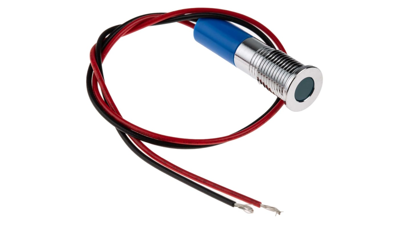 RS PRO Blue Panel Mount Indicator, 24V dc, 8mm Mounting Hole Size, Lead Wires Termination, IP67