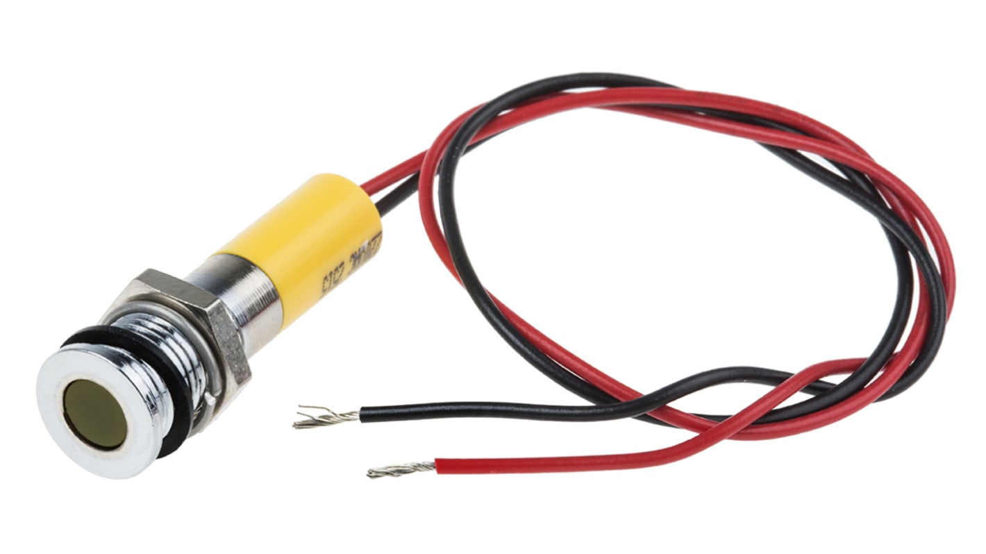 RS PRO Yellow Panel Mount Indicator, 220V ac, 8mm Mounting Hole Size, Lead Wires Termination, IP67