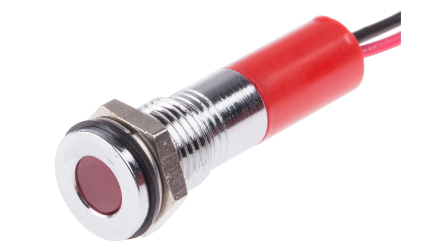 Indicador LED RS PRO, Rojo, lente enrasada, marco Cromo, Ø montaje 8mm, 220V ac, 20mA, 10mcd, IP67