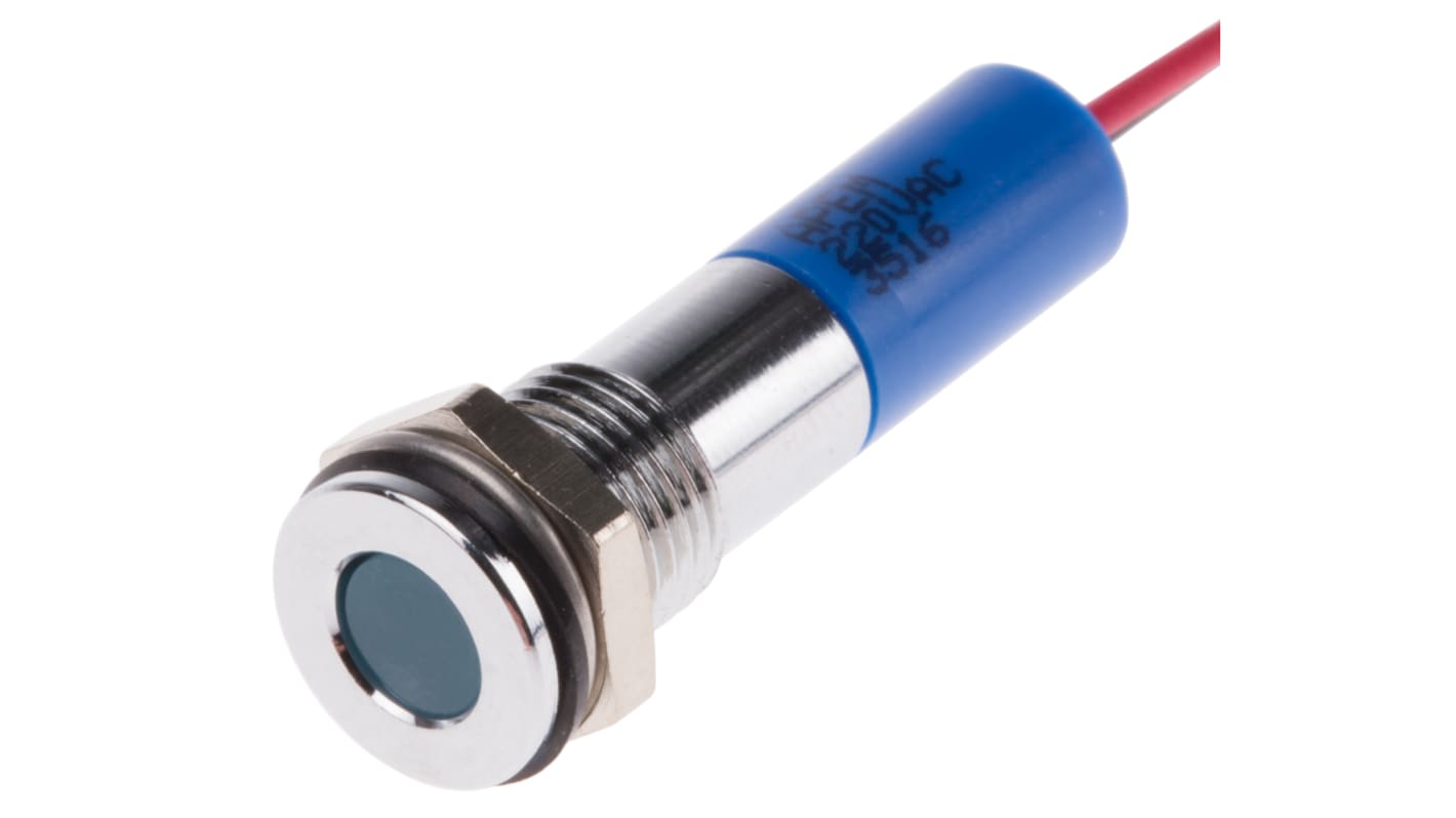 RS PRO Blue Panel Mount Indicator, 220V ac, 8mm Mounting Hole Size, Lead Wires Termination, IP67