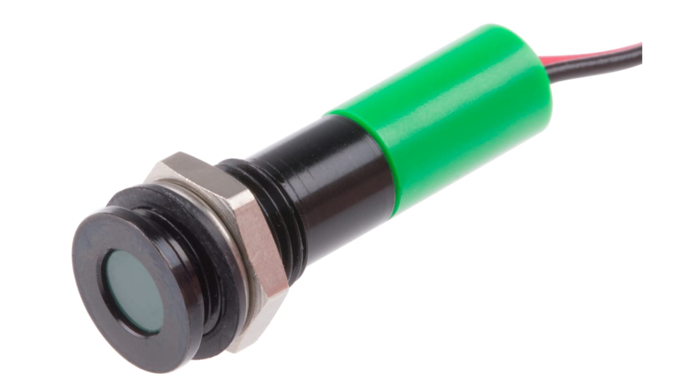 RS PRO Green Panel Mount Indicator, 12V dc, 8mm Mounting Hole Size, Lead Wires Termination, IP67