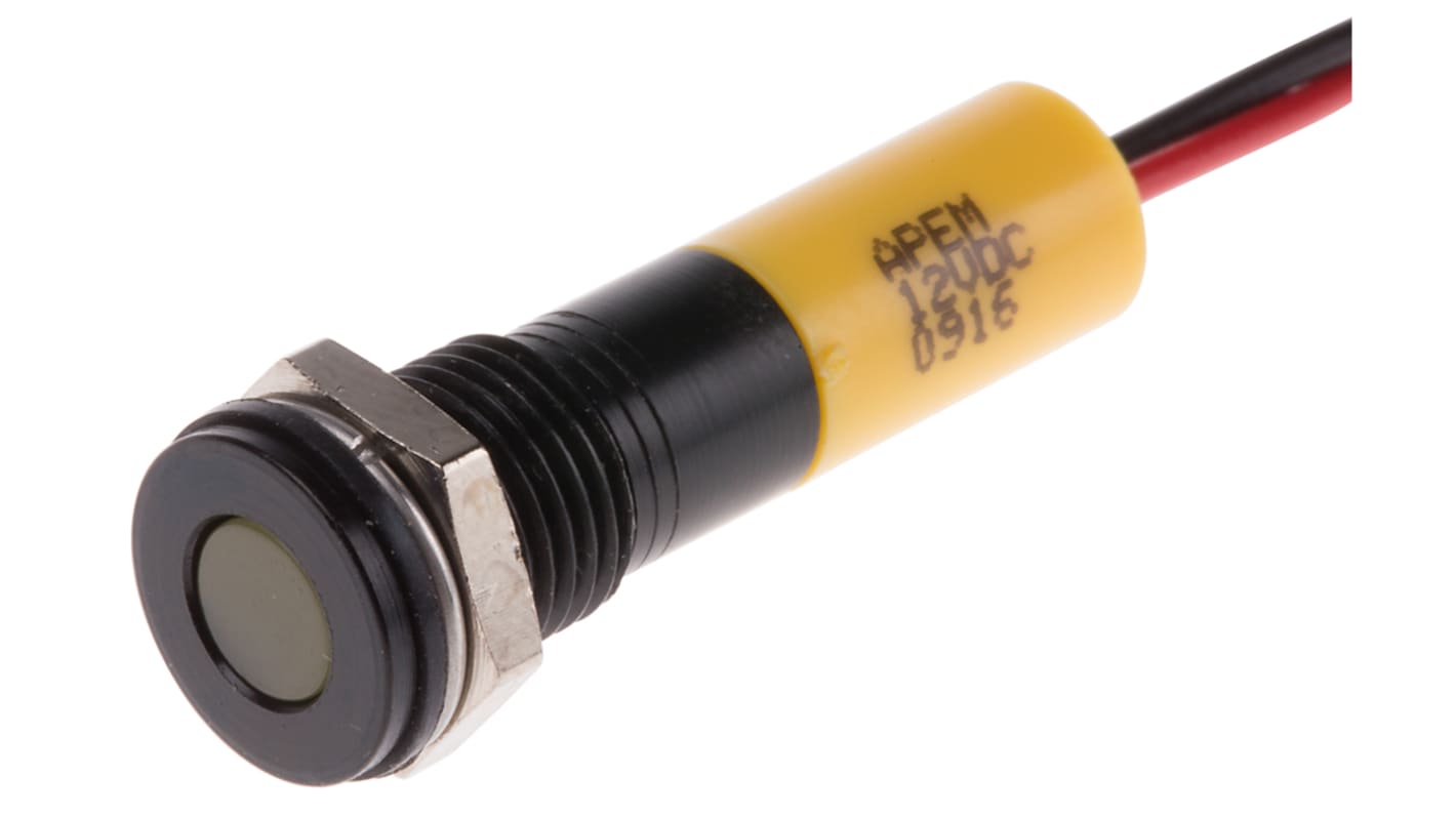 RS PRO Yellow Panel Mount Indicator, 12V dc, 8mm Mounting Hole Size, Lead Wires Termination, IP67