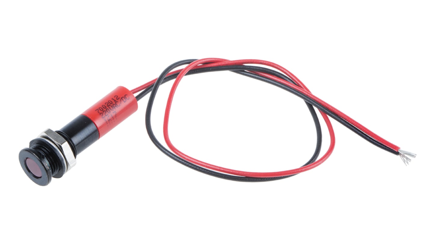 RS PRO Red Panel Mount Indicator, 220V ac, 8mm Mounting Hole Size, Lead Wires Termination, IP67