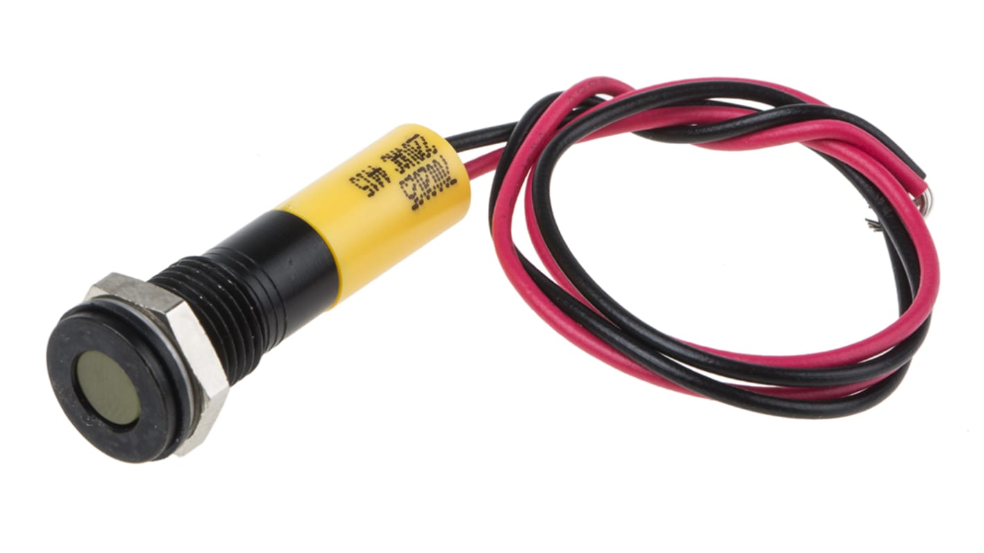 RS PRO Yellow Panel Mount Indicator, 220V ac, 8mm Mounting Hole Size, Lead Wires Termination, IP67