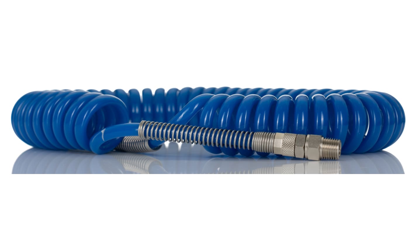 RS PRO USB Polyurethan Spiralschlauch Blau mit R1/4 Anschluss, Innen-Ø 5mm x 4m, 12bar