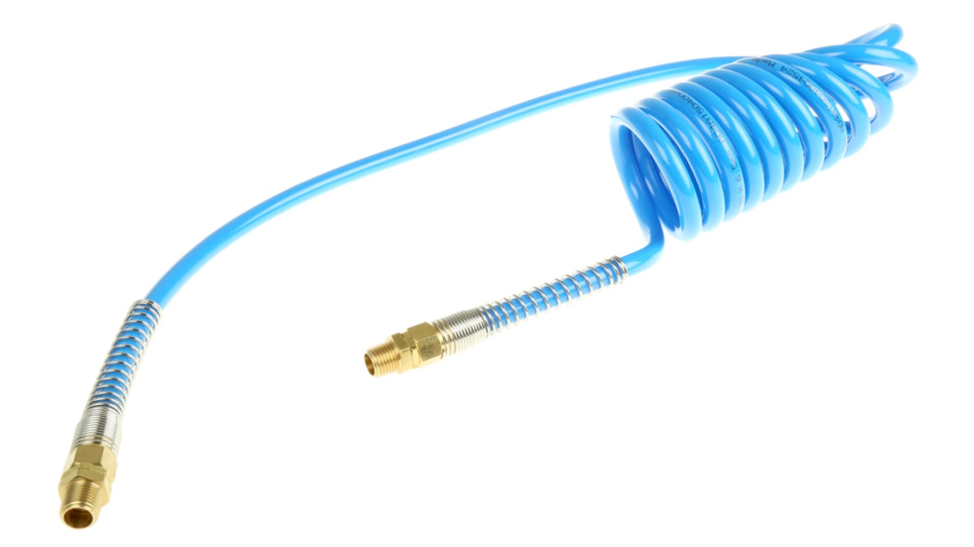 RS PRO USB PUR Pneumatik-Spiralleitung Blau mit R1/4 Anschluss, Innen-Ø 6.5mm x 2m, 9 bar