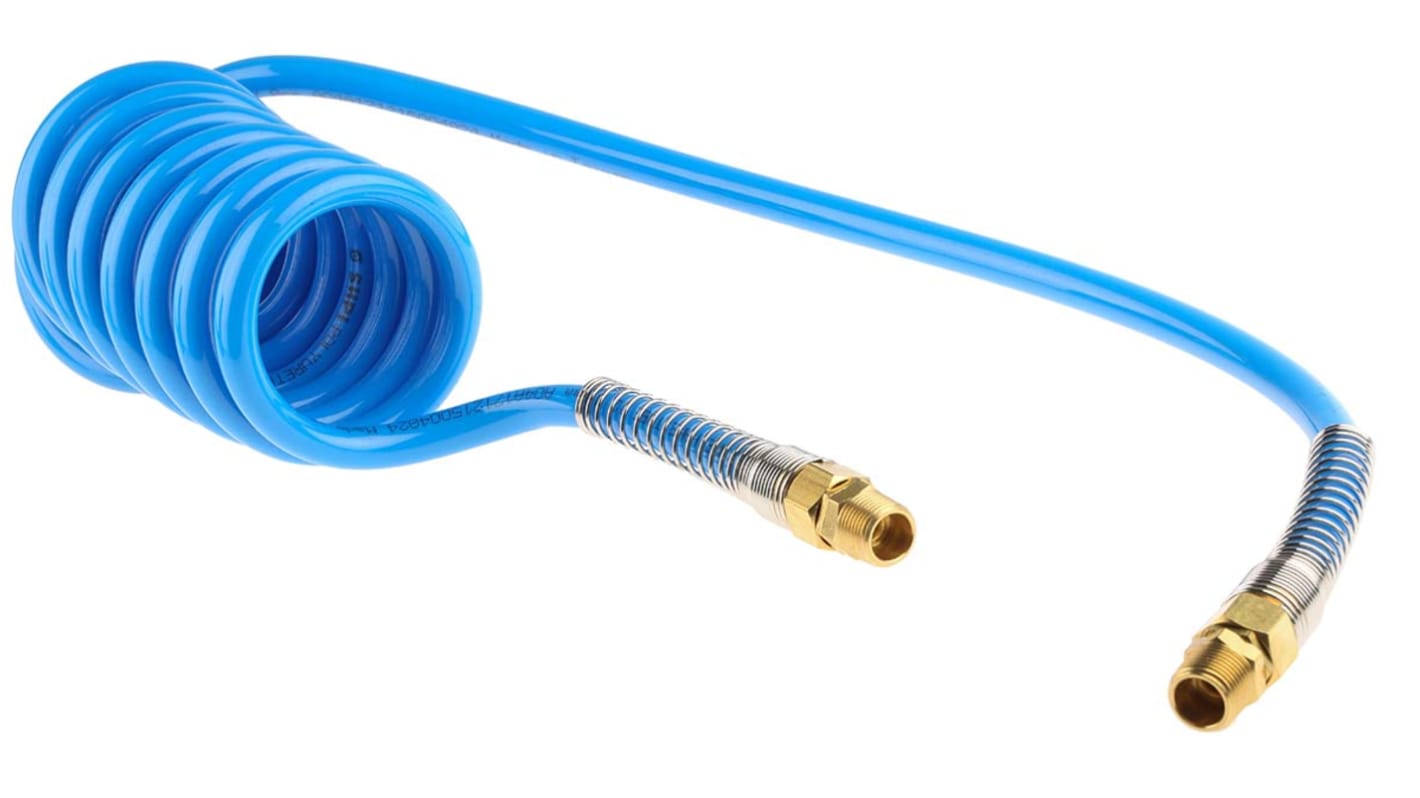 RS PRO USB PUR Pneumatik-Spiralleitung Blau mit R3/8 Anschluss, Innen-Ø 8mm x 2m, 10 bar