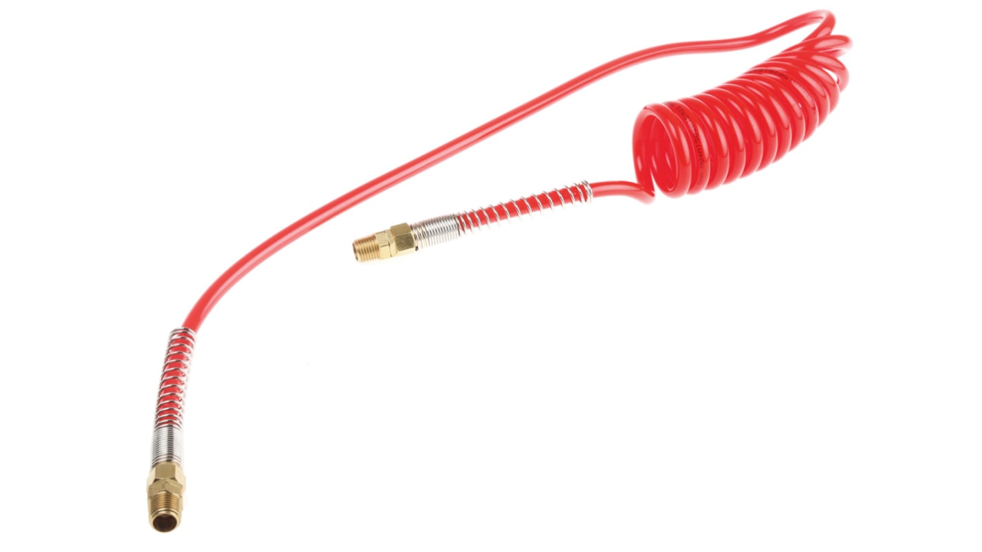 RS PRO USB PUR Pneumatik-Spiralleitung Rot mit R1/4 Anschluss, Innen-Ø 5mm x 2m, 12 bar