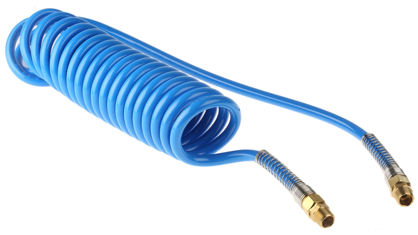 RS PRO USB PUR Pneumatik-Spiralleitung Blau mit R3/8 Anschluss, Innen-Ø 8mm x 4m, 10 bar