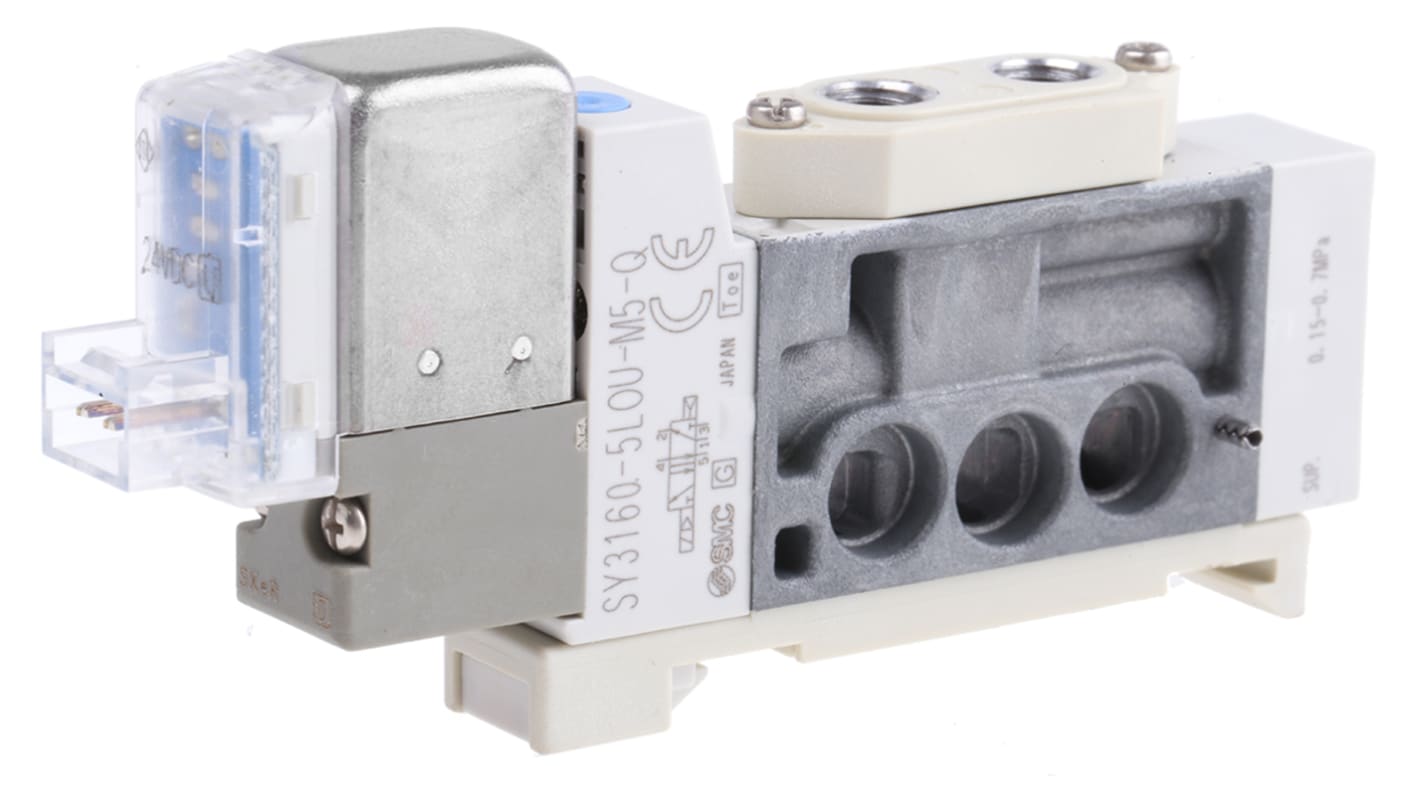 Elettrovalvole per pneumatica SMC, Metrico M5, funzione 5/2, azionamento Solenoide/Pilota, 24V cc