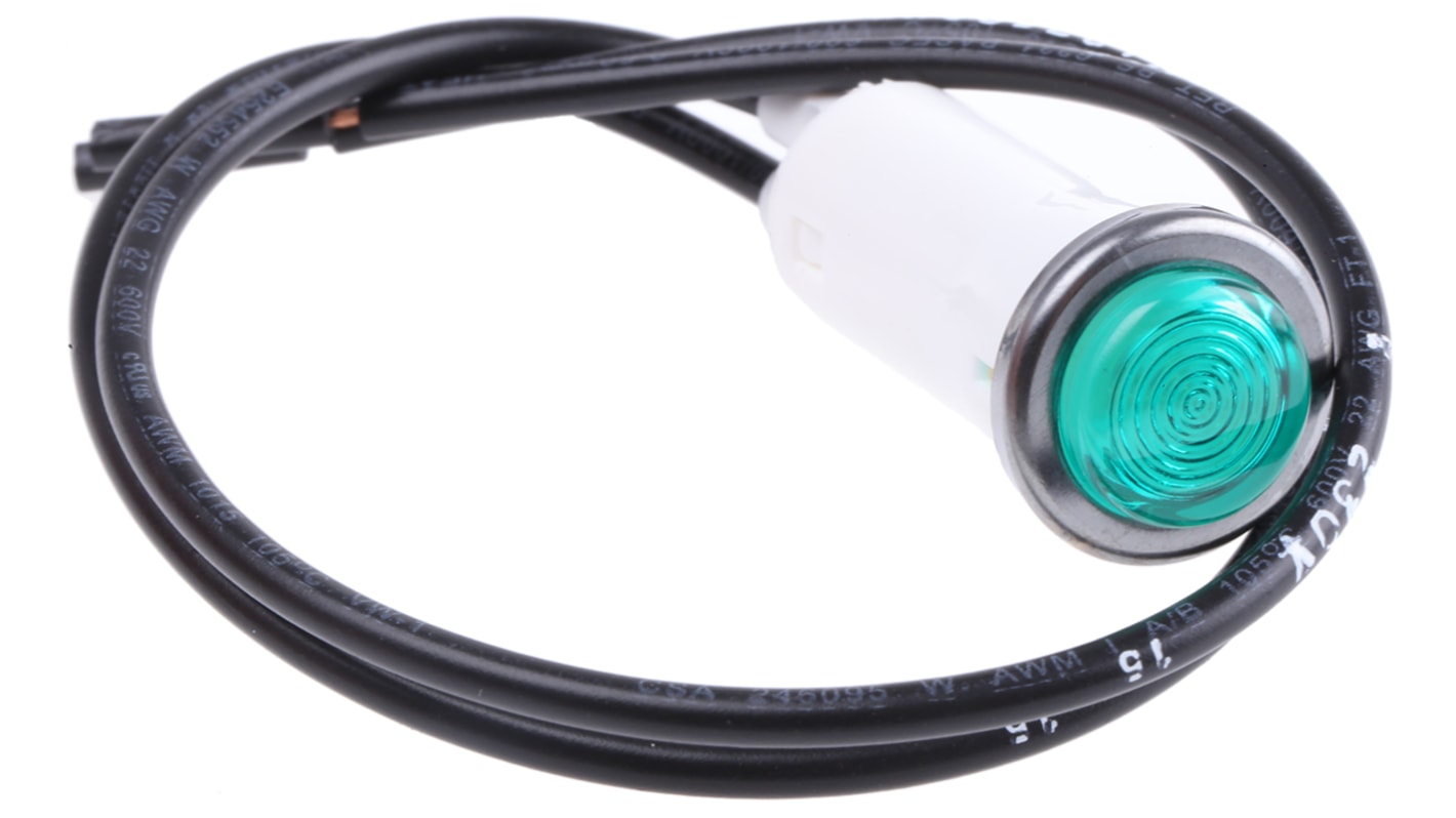 Indikátor pro montáž do panelu 12.7mm Prominentní barva Zelená, typ žárovky: Neonová Olověné dráty, 230V ac Arcolectric
