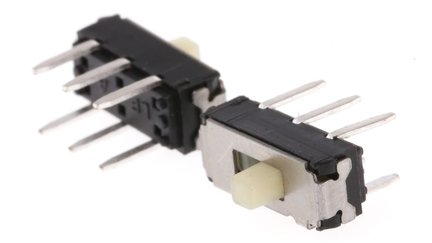 Interruptor de actuador deslizante DPDT, Enclavamiento, 200 mA a 12 V dc, Montaje en PCB