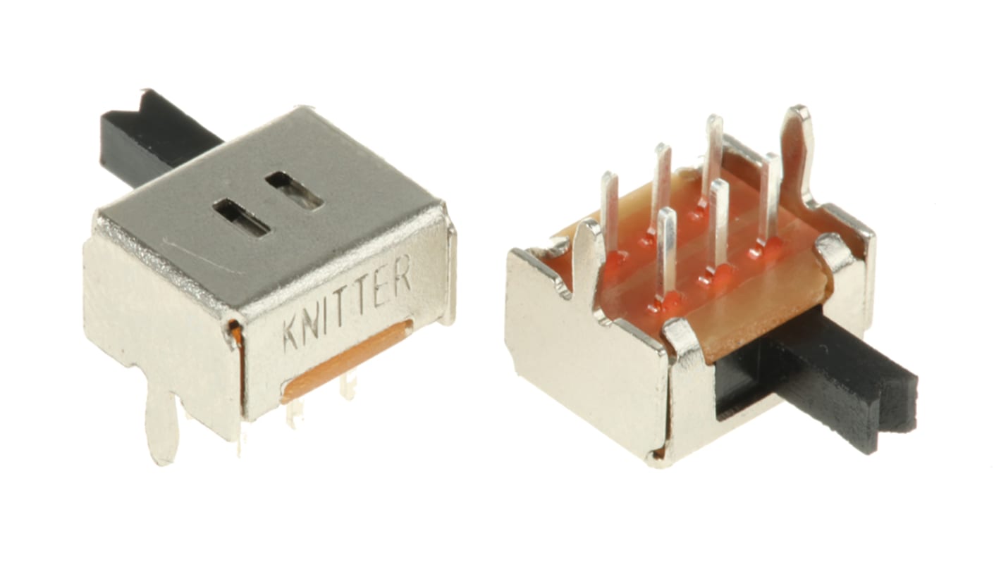 Interruptor de actuador deslizante DPDT, Enclavamiento, 100 mA a 12 V dc, Montaje en PCB