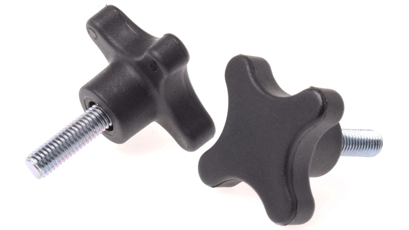 RS PRO Black 4Arm Clamping Knob, M8, Threaded Stud RS