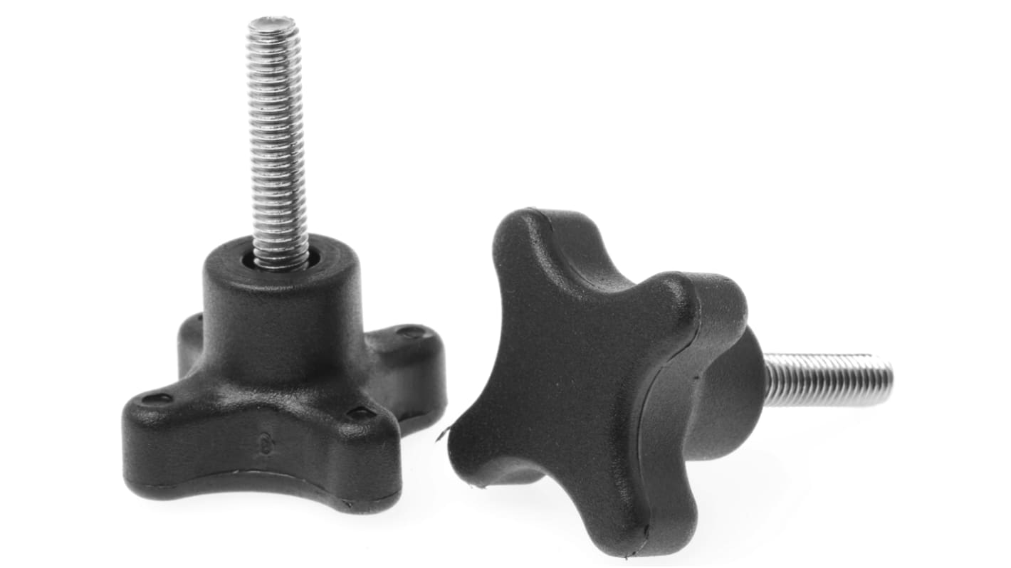 RS PRO Black 4-Arm Clamping Knob, M6, Threaded Stud