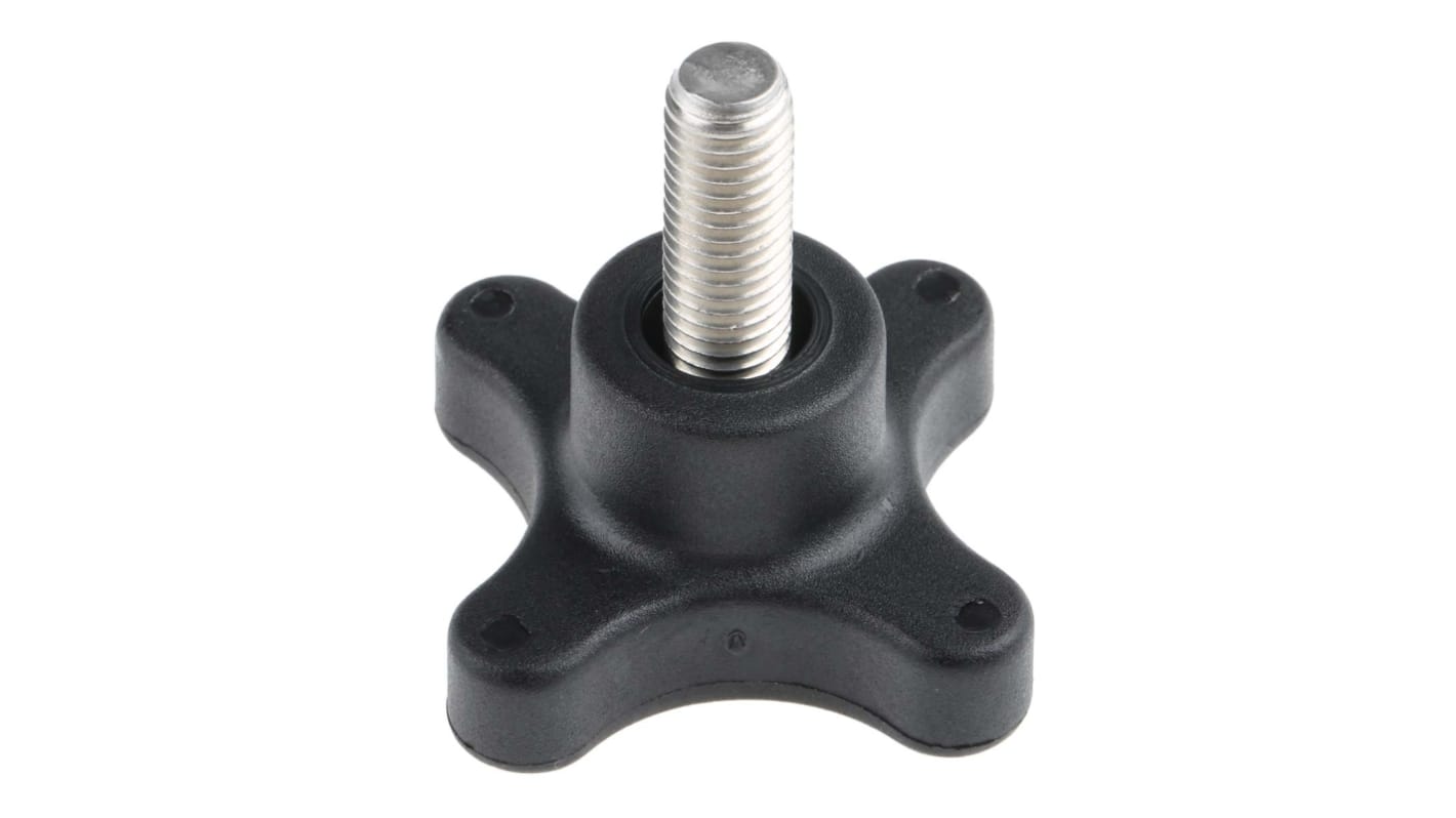 RS PRO Black 4-Arm Clamping Knob, M10, Threaded Stud