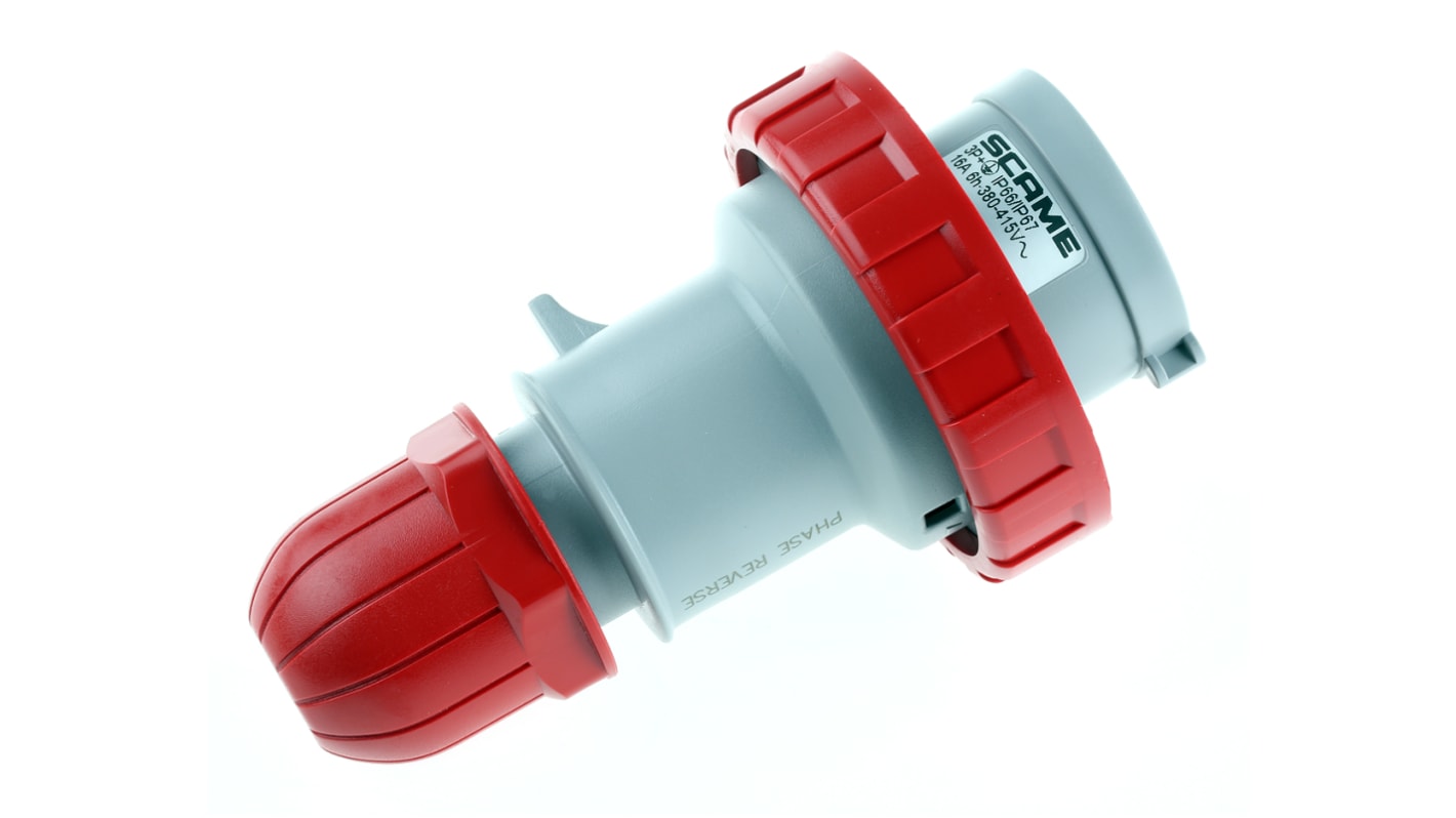 Scame IP66, IP67 Red Cable Mount 3P + E Industrial Power Connector Adapter Plug, Rated At 16A, 415 V,With Phase Inverter