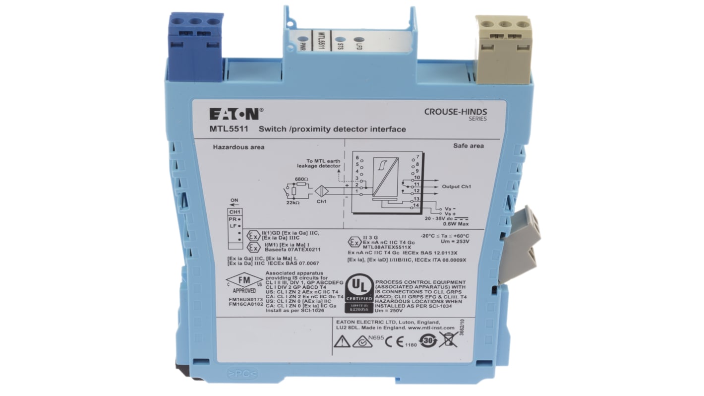 Barrera Zener Eaton MTL5500 de 1 canal, 20 → 35V dc, entrada Sensor NAMUR, Interruptor, salida Relé, certif. ATEX