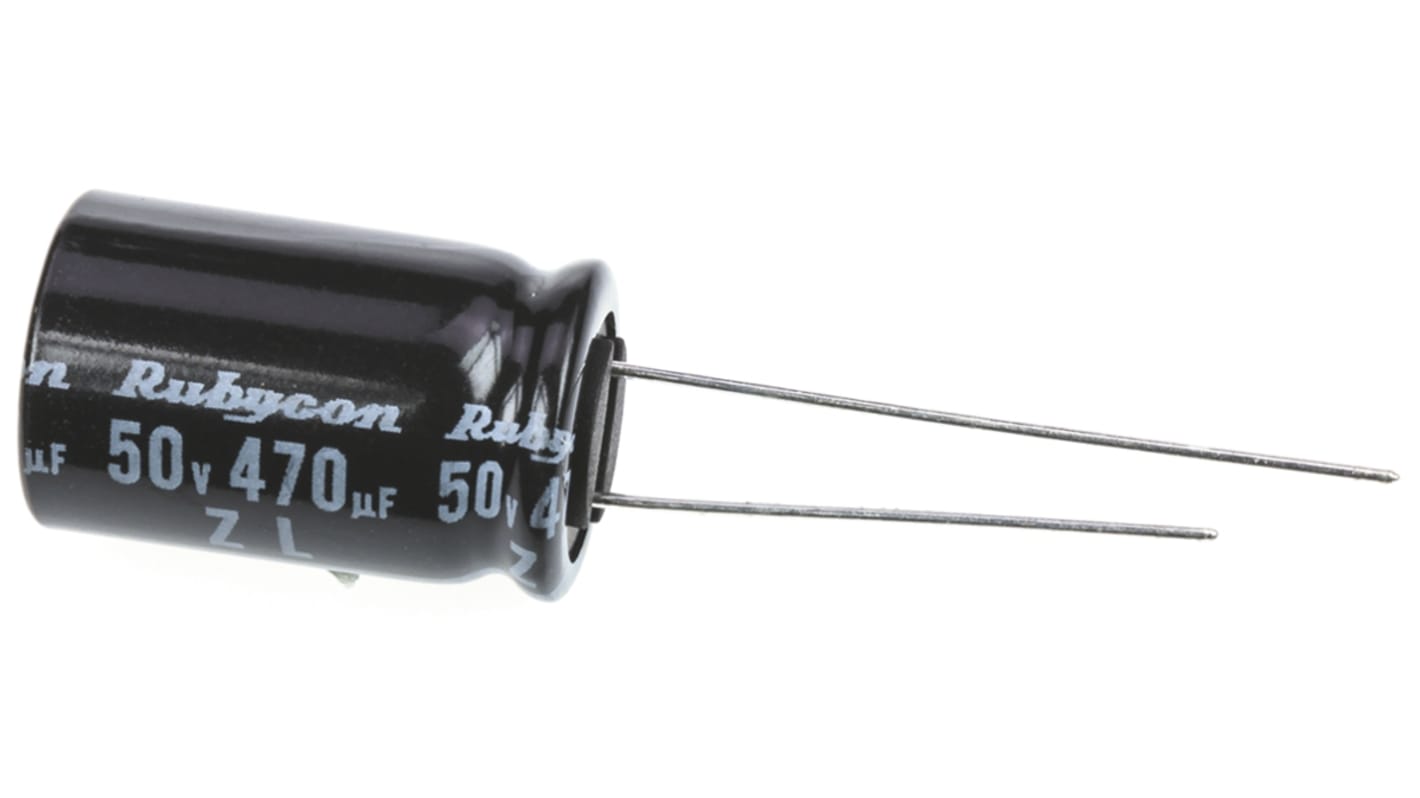 Condensador electrolítico Rubycon serie ZL, 470μF, ±20%, 50V dc, Radial, Orificio pasante, 12.5 (Dia.) x 20mm, paso 5mm