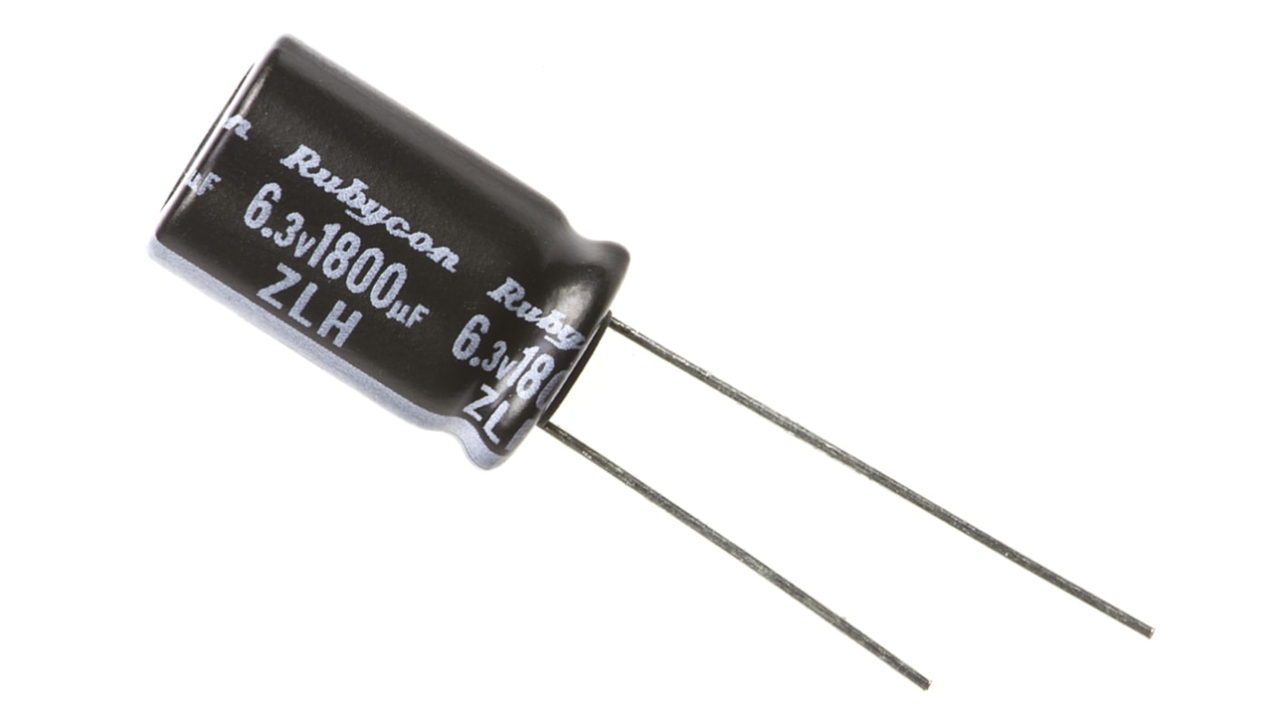 Condensador electrolítico Rubycon serie ZLH, 1800μF, ±20%, 6.3V dc, Radial, Orificio pasante, 10 (Dia.) x 16mm, paso 5mm