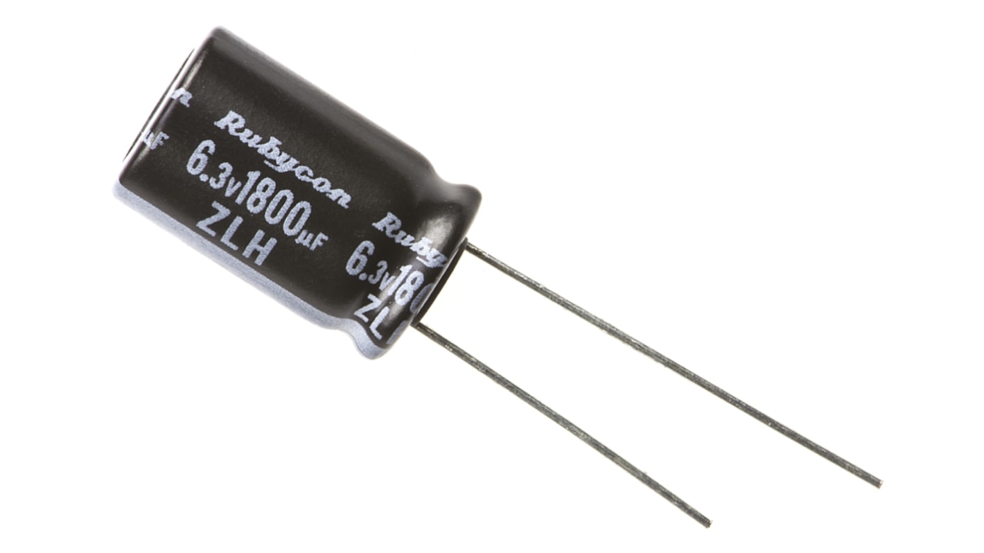 Kondenzátor, řada: ZLH 1800μF ±20% 6.3V dc, Radiální, Průchozí otvor Hliníkové elektrolytické Rubycon