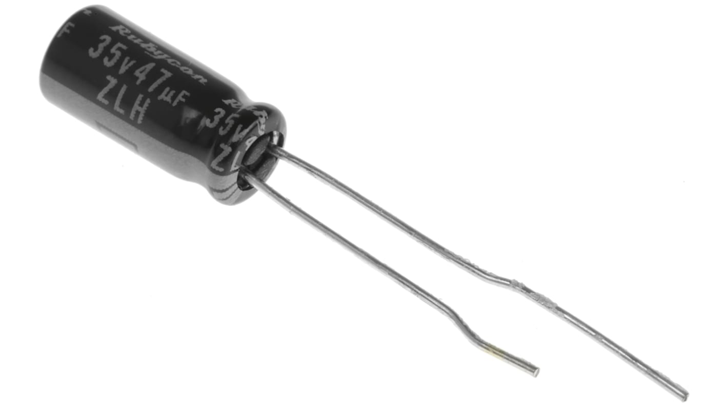 Condensador electrolítico Rubycon serie ZLH, 47μF, ±20%, 35V dc, Radial, Orificio pasante, 5 (Dia.) x 11mm, paso 7.5mm