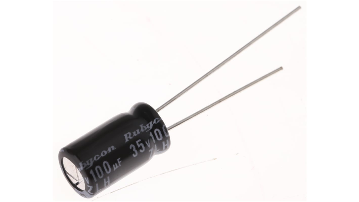 Rubycon ZLH, THT Aluminium-Elektrolyt Kondensator 100μF ±20% / 35V dc, Ø 6.3mm x 11mm, bis 105°C