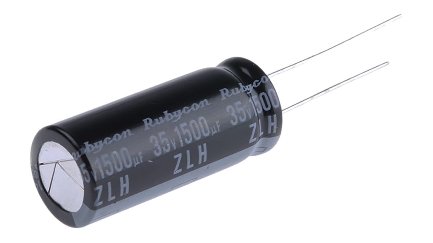 Condensador electrolítico Rubycon serie ZLH, 1500μF, ±20%, 35V dc, Radial, Orificio pasante, 12.5 (Dia.) x 30mm, paso