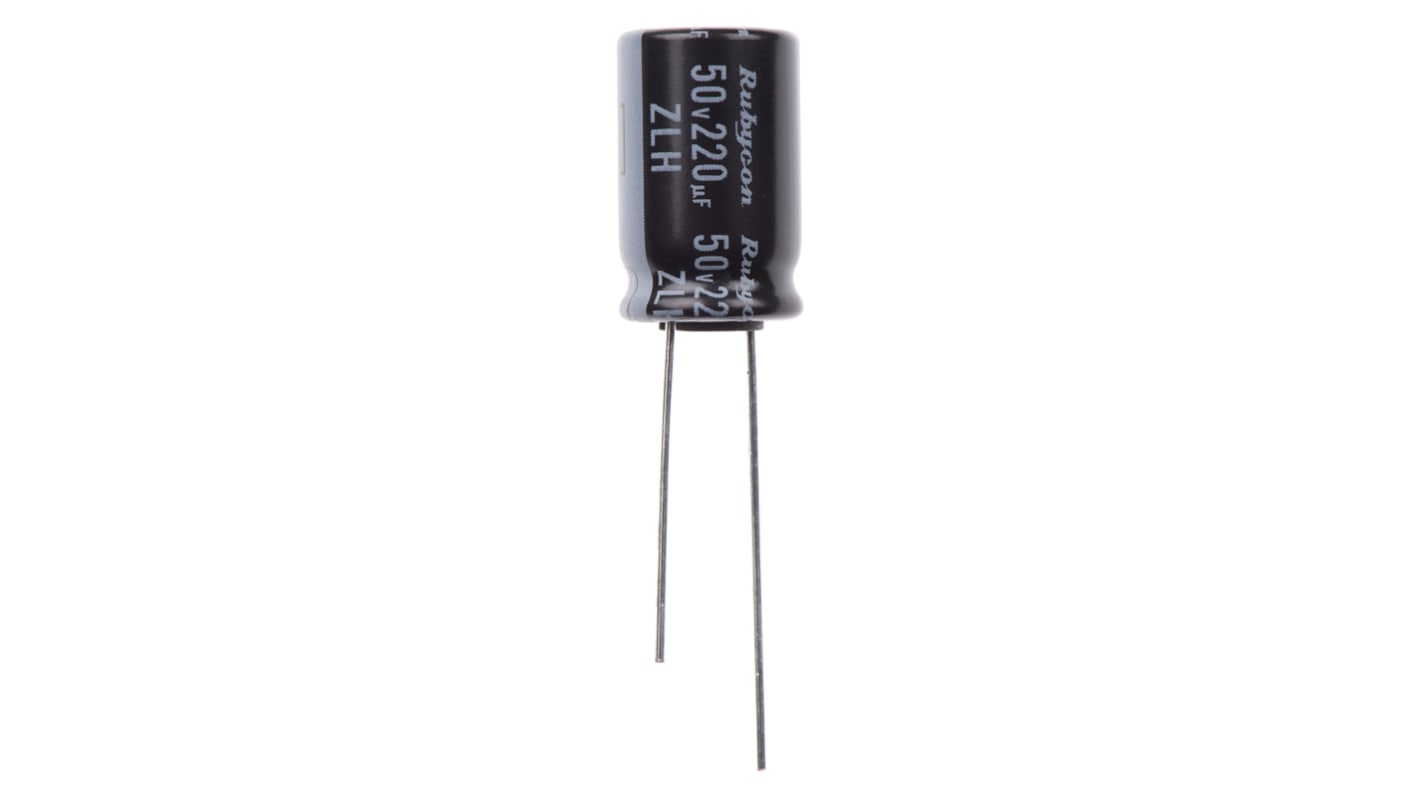 Condensador electrolítico Rubycon serie ZLH, 220μF, ±20%, 50V dc, Radial, Orificio pasante, 10 (Dia.) x 16mm, paso 5mm