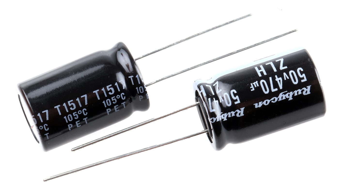 Kondenzátor, řada: ZLH 470μF ±20% 50V dc, Radiální, Průchozí otvor Hliníkové elektrolytické Rubycon