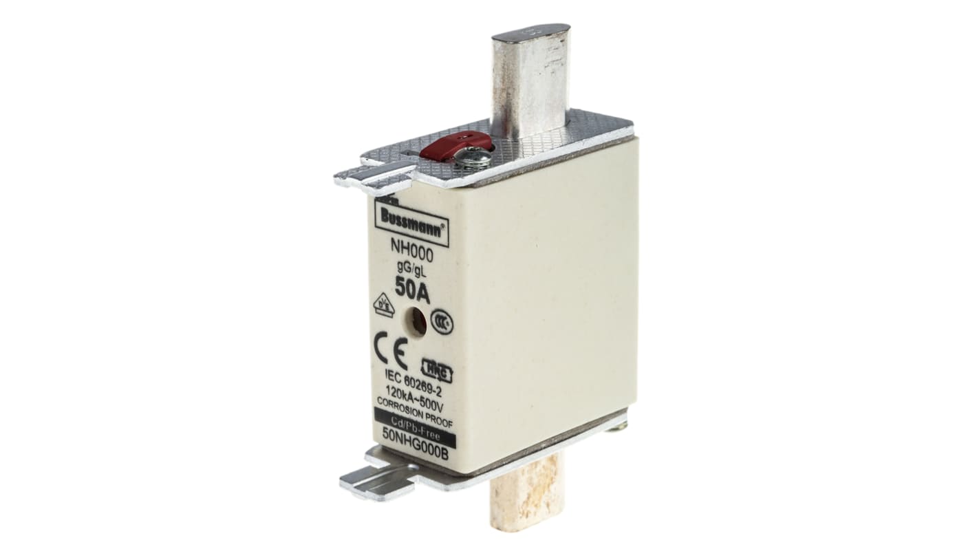 Fusibile con linguette centrate, Eaton, 50A, fusibile NH000, standard DIN 43620-1, DIN 43620-3, IEC 60269, VDE 0636,