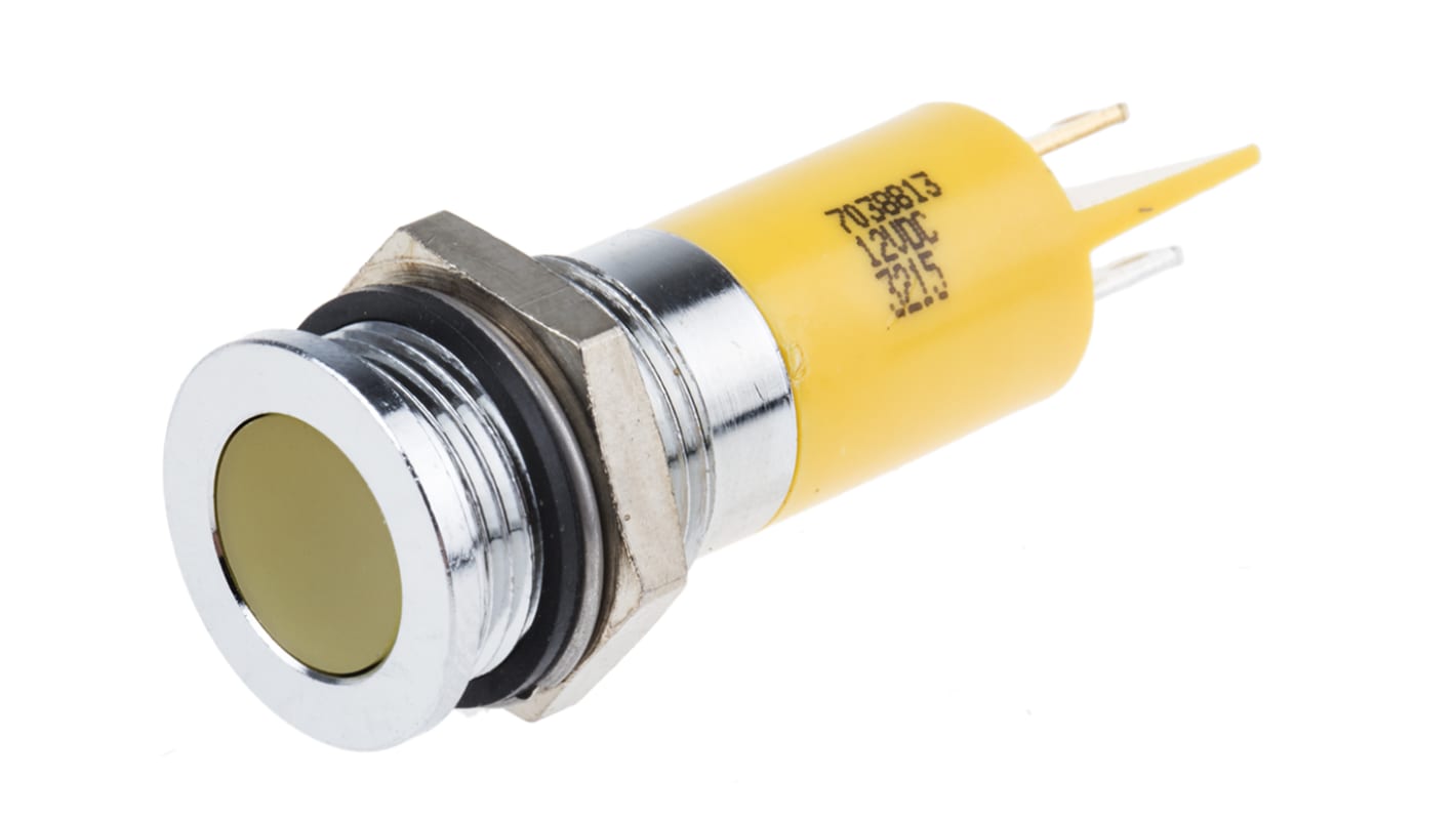 RS PRO Yellow Panel Mount Indicator, 12V dc, 14mm Mounting Hole Size, Solder Tab Termination, IP67