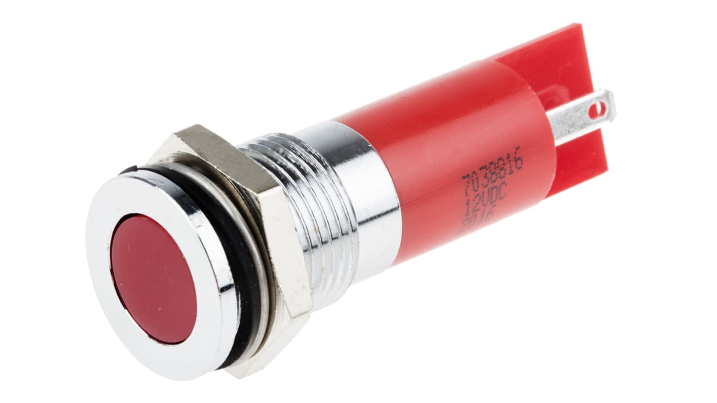 RS PRO Red Panel Mount Indicator, 12V dc, 14mm Mounting Hole Size, Solder Tab Termination, IP67