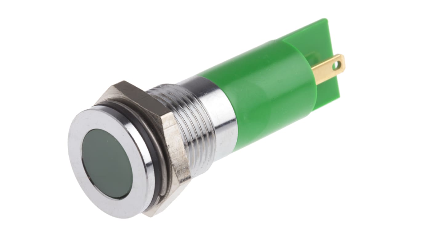 Indicador LED RS PRO, Verde, lente enrasada, marco Cromo, Ø montaje 14mm, 12V dc, 20mA, 5mcd, IP67