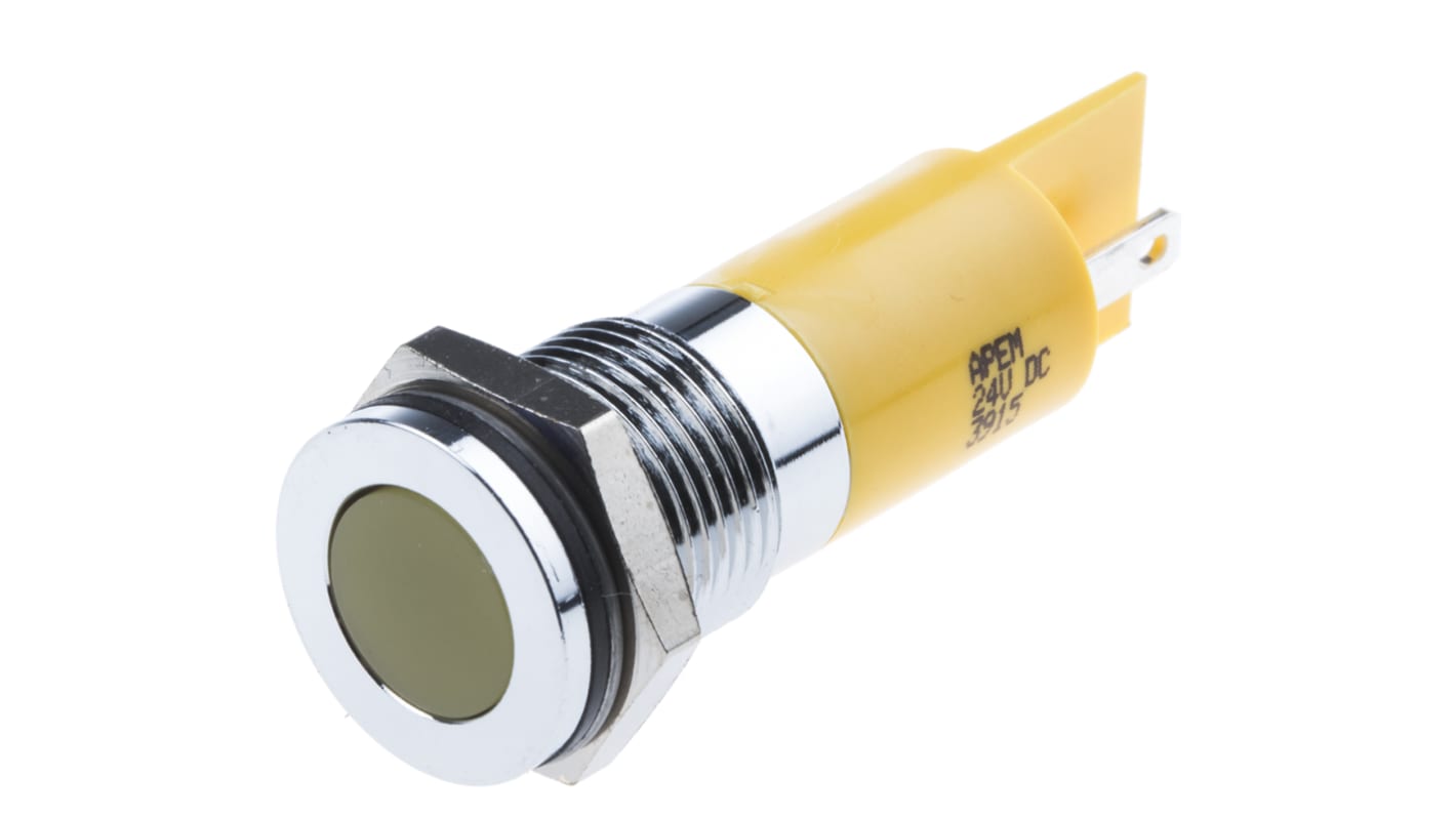 Indicador LED RS PRO, Amarillo, lente enrasada, marco Cromo, Ø montaje 14mm, 24V dc, 20mA, 4mcd, IP67