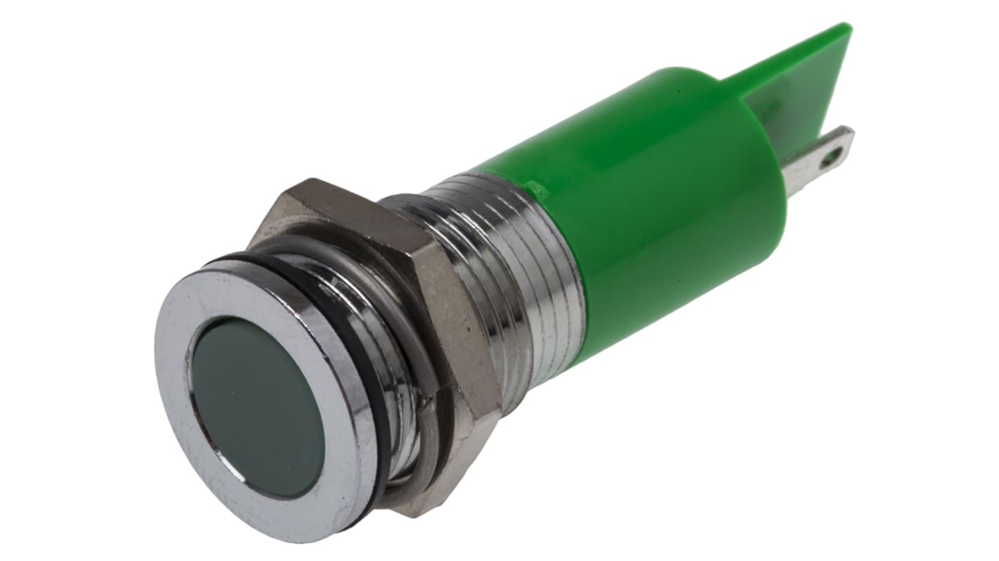 RS PRO Green Panel Mount Indicator, 220V ac, 14mm Mounting Hole Size, Solder Tab Termination, IP67