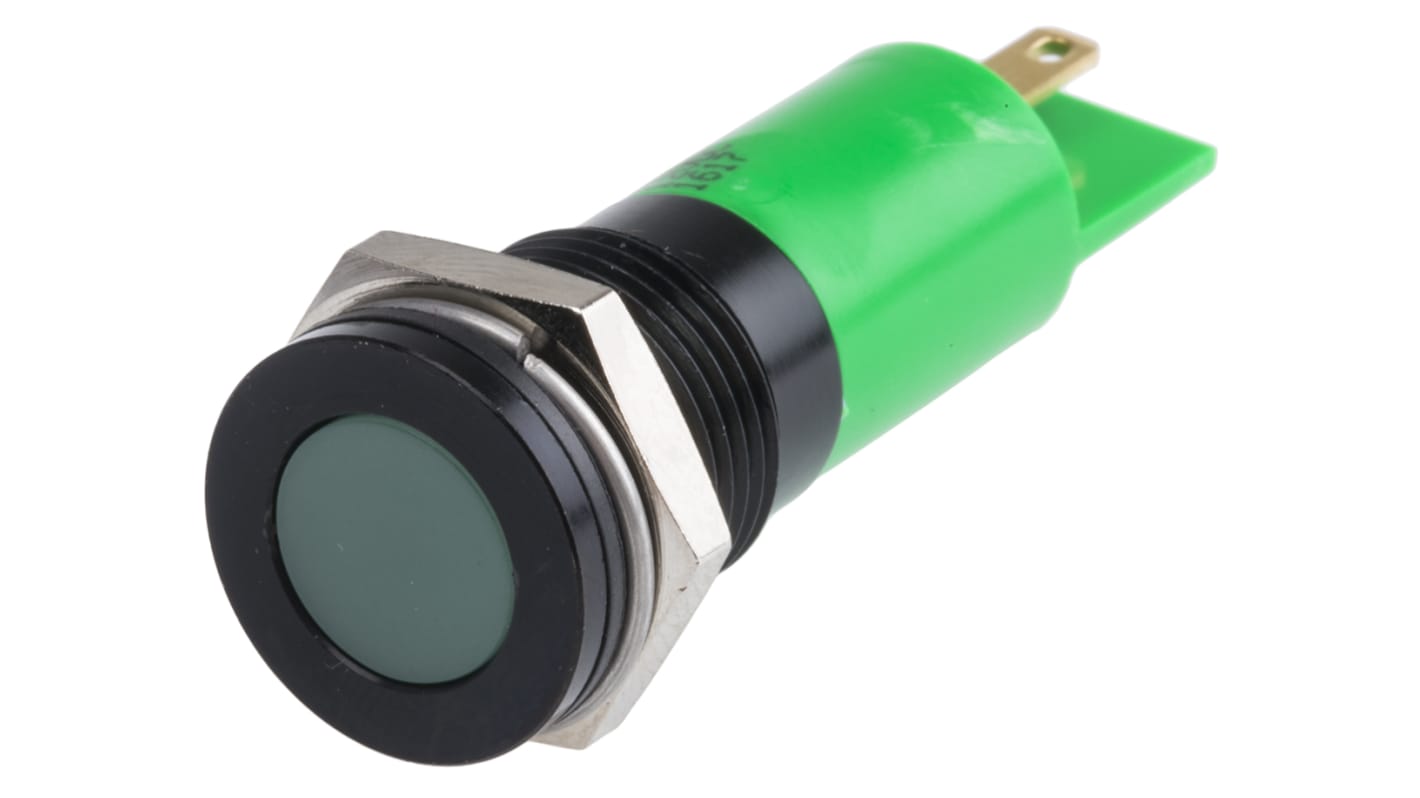 RS PRO Green Panel Mount Indicator, 12V dc, 14mm Mounting Hole Size, Solder Tab Termination, IP67